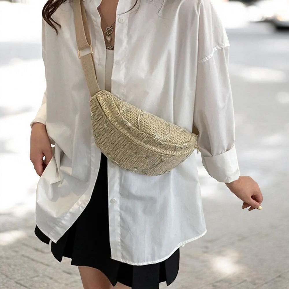Sac Banane Femme en Raphia, Naturel et Fleuri